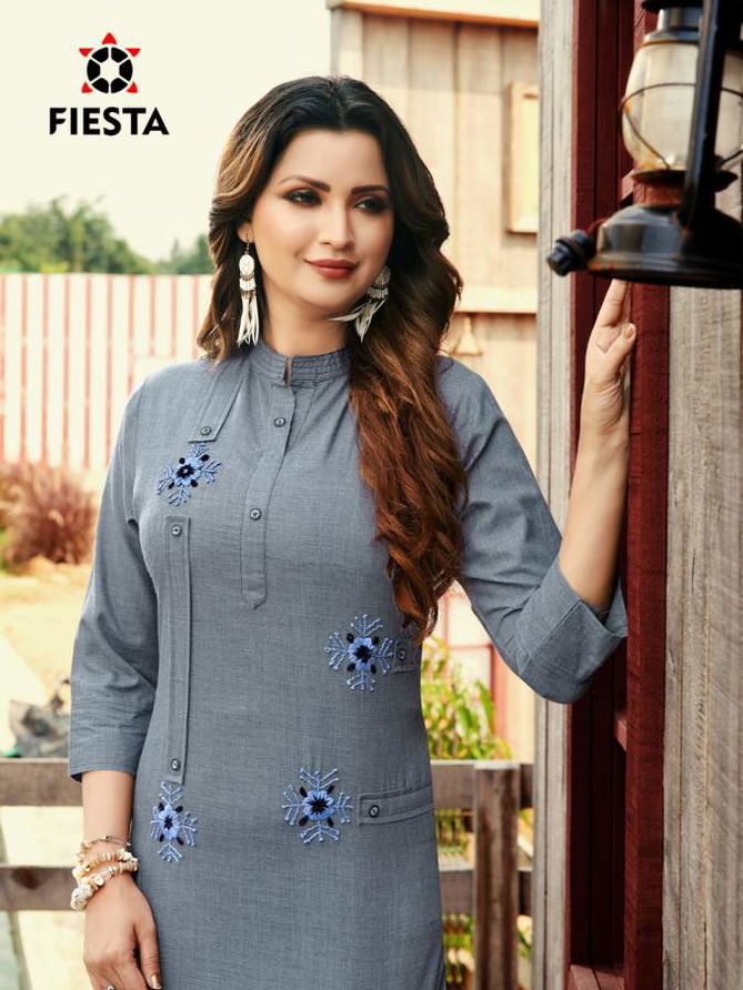 Fiesta Work Culture Latest Casual Wear Designer Three Fourth Sleeve Kurtis Collection
